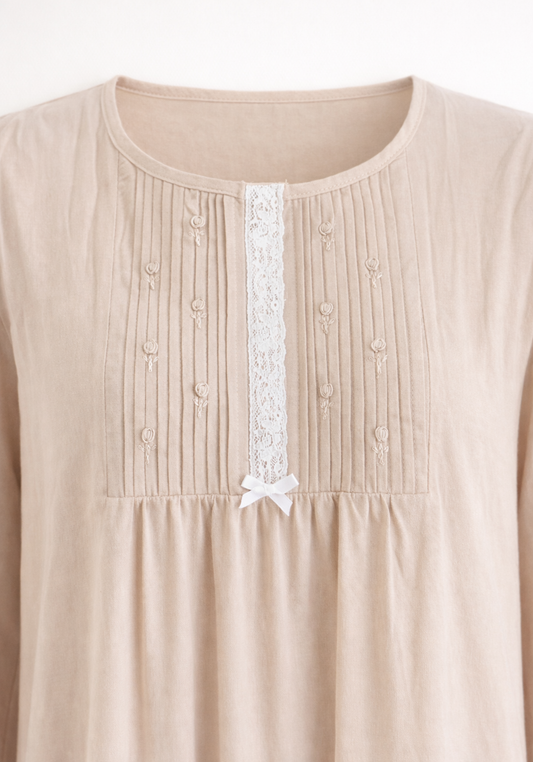 Woven Viscose Long Sleeves Long Nighty With Lace Detail