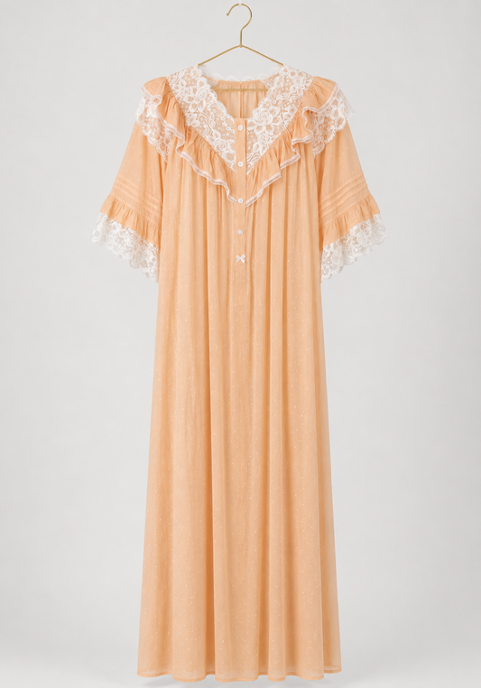 Woven Viscose Long Sleeves V-Neck Long Nighty With Front Buttons And Lace Detail