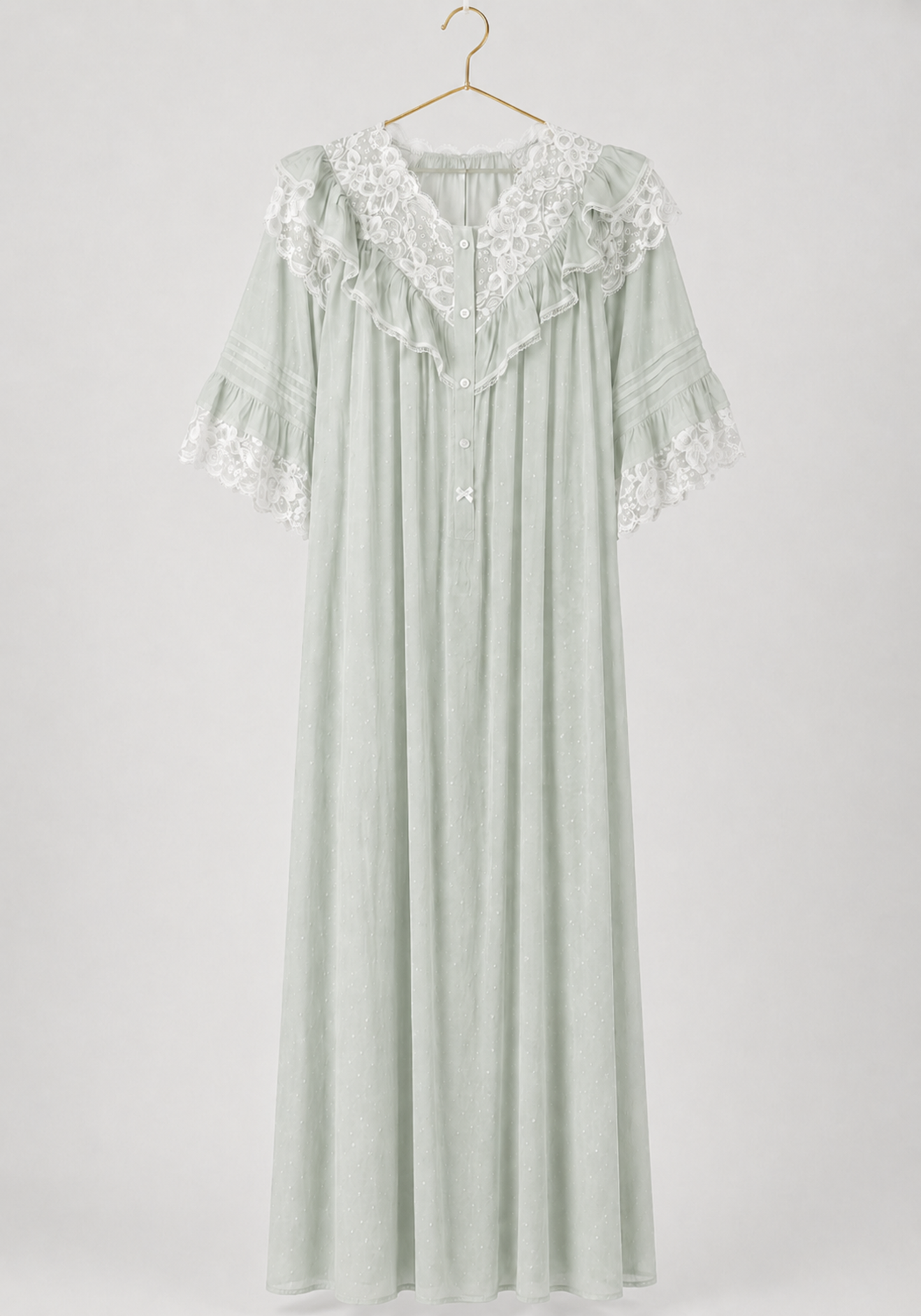 Woven Viscose Long Sleeves V-Neck Long Nighty With Front Buttons And Lace Detail