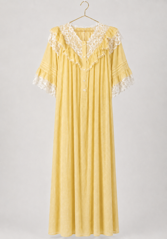 Woven Viscose Long Sleeves V-Neck Long Nighty With Front Buttons And Lace Detail