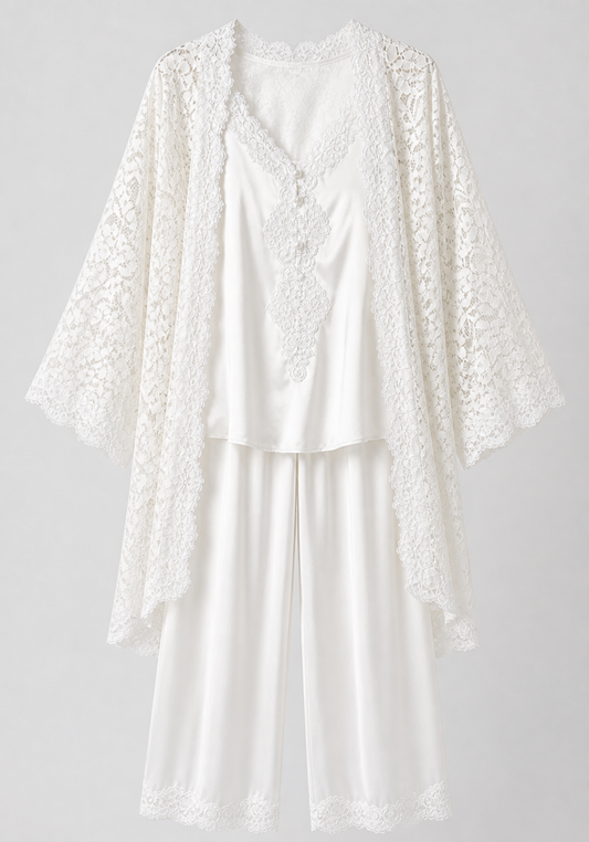 Bridal 3 Pieces Pajamas: Full Dantel Short Robe And Sleeveless Satin Top With Buttons And Pants With Lace Details