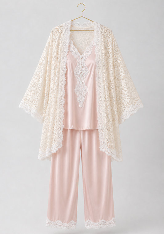 Bridal 3 Pieces Pajamas: Full Dantel Short Robe And Sleeveless Satin Top With Buttons And Pants With Lace Details
