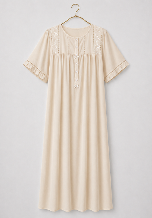 Long Gown: Woven Viscose Short Sleeves Long Nighty With Buttons And Embroidery Details