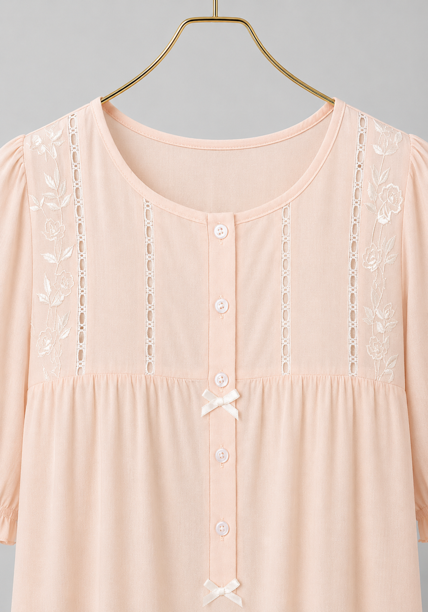Long Gown: Woven Viscose Short Sleeves Long Nighty With Buttons And Embroidery Details
