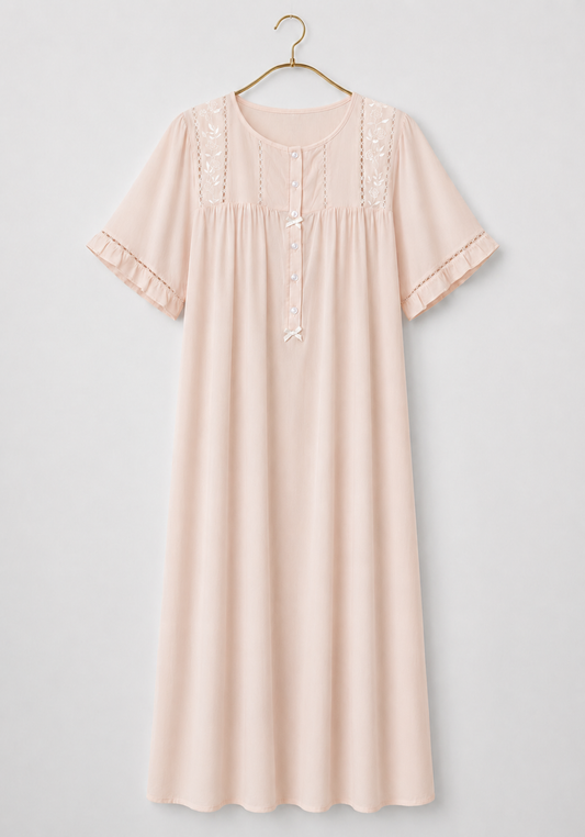 Long Gown: Woven Viscose Short Sleeves Long Nighty With Buttons And Embroidery Details
