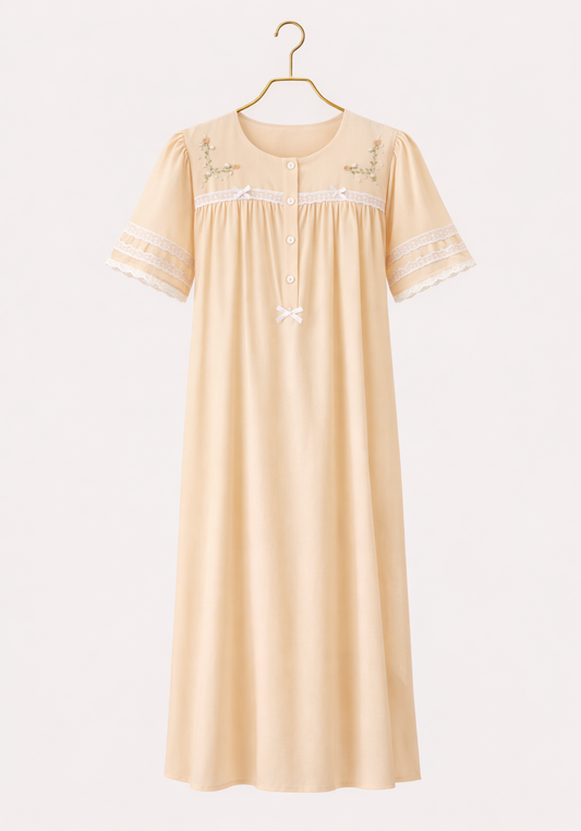 Woven Viscose Short Sleeves Long Nighty With Floral Embroidery With Front Buttons