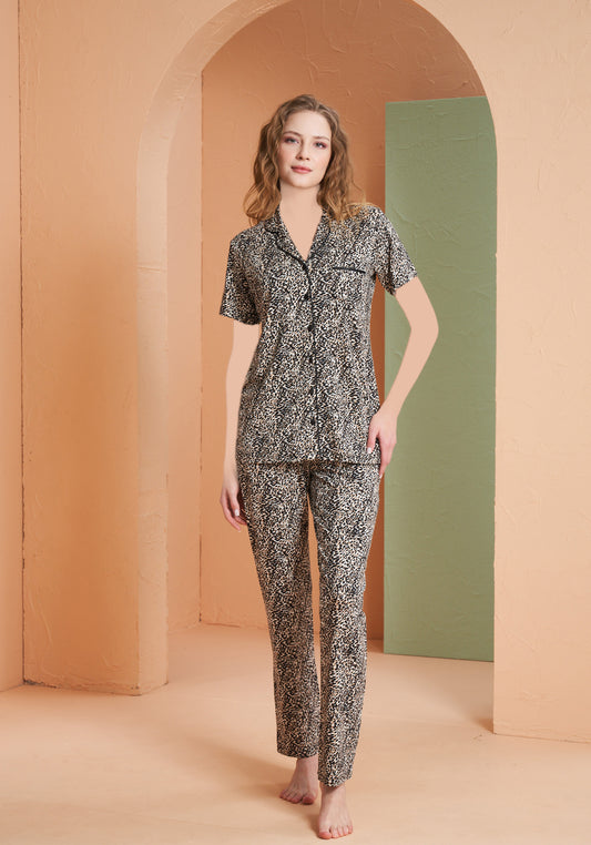 Viscose Lycra Collar Button Leopard Top And Pant Set