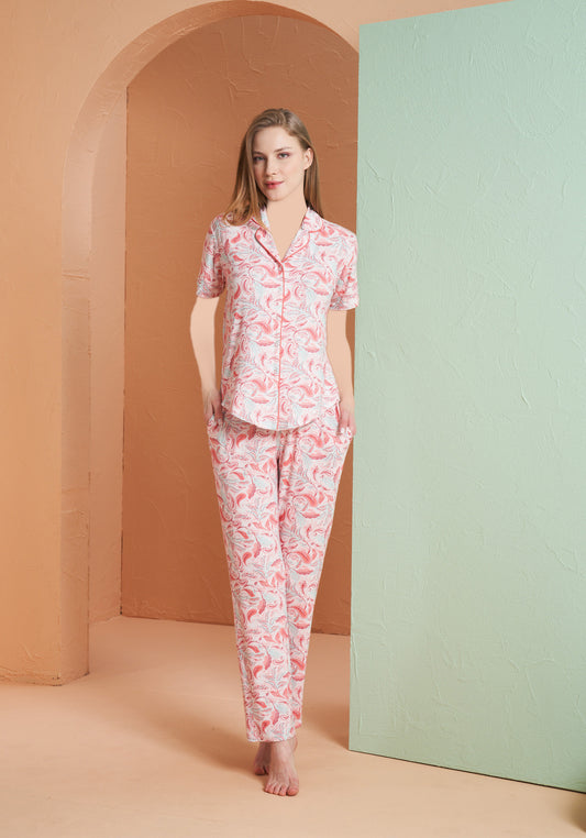 Viscose Lycra Collar Button Short Sleeve Floral Top And Pant Set