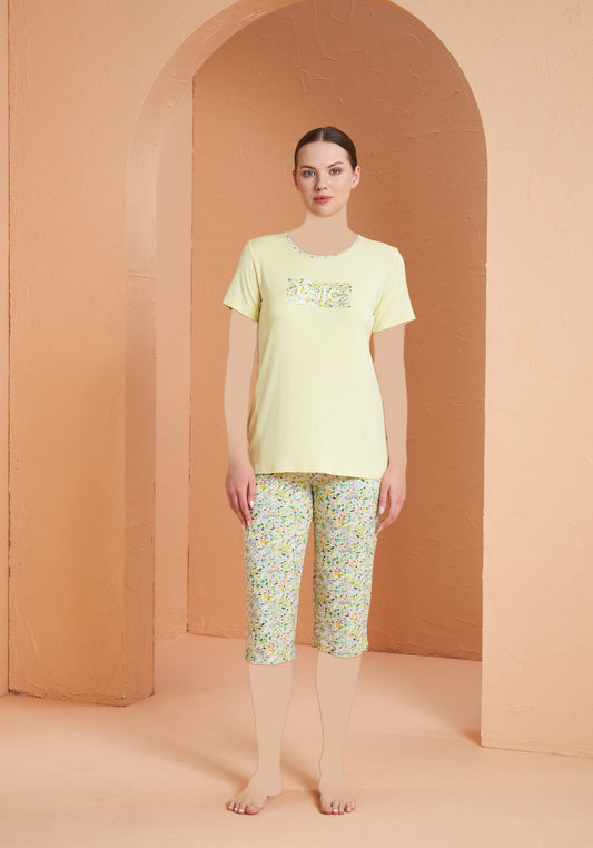 Viscose Lycra Short Sleeve Top And Floral Capri Set