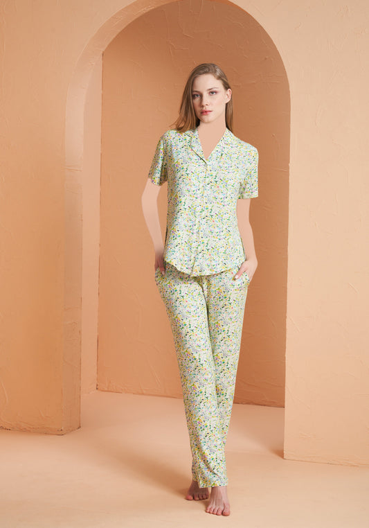 Viscose Lycra Collar Button Short Sleeve Floral Top And Pant Set