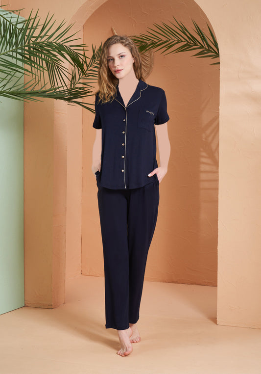 Viscose Lycra Collar Button Short Sleeve Top And Pant Set