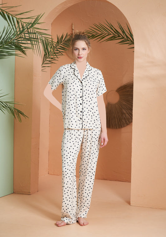 Cotton Satin Collar Button Short Sleeve Polka Dot Top And Pant Set
