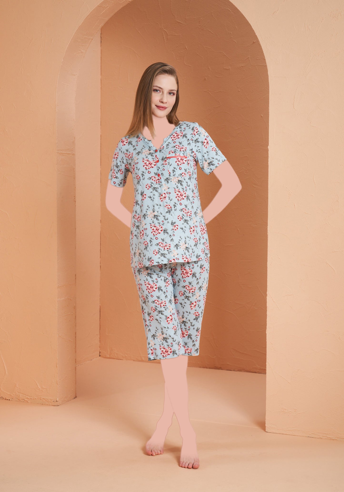 Viscose Lycra Plus Size Short Sleeve Floral Top And Capri Set