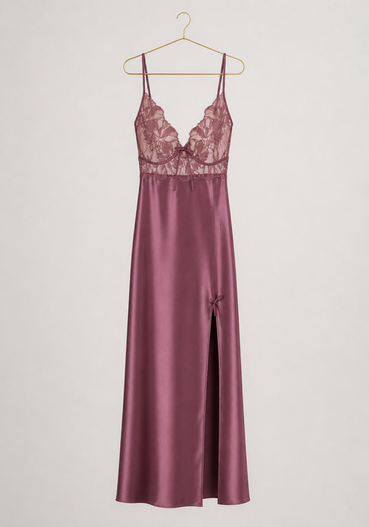 Satin Long Night Gown: Plain Shoulder Strap Full Frontal Lace Long Nighty
