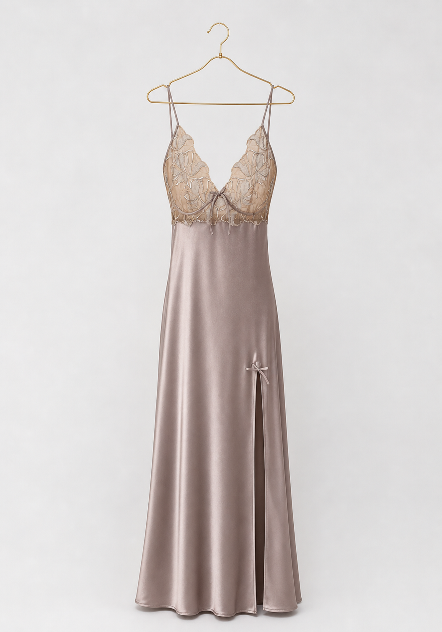 Satin Long Night Gown: Plain Shoulder Strap Full Frontal Lace Long Nighty