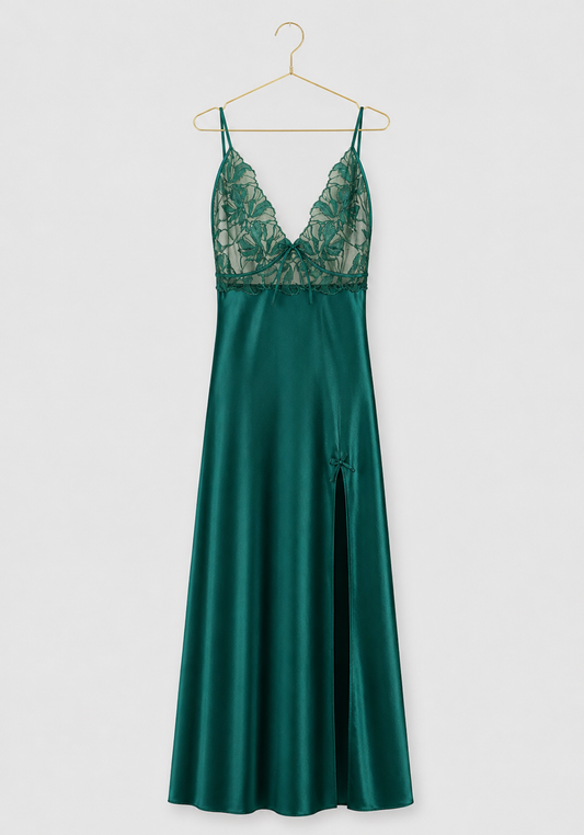 Satin Long Night Gown: Plain Shoulder Strap Full Frontal Lace Long Nighty