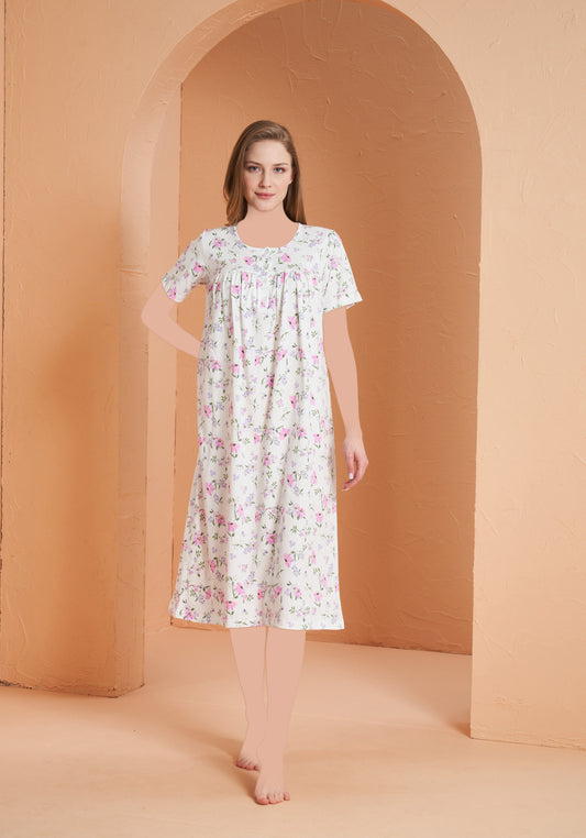 Cotton Plus Size Short Sleeve Floral Long Nighty