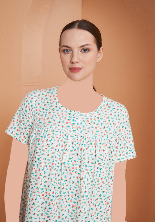 قميص نوم قطني طويل بأكمام قصيرة ونقشة زهور مقاس كبير