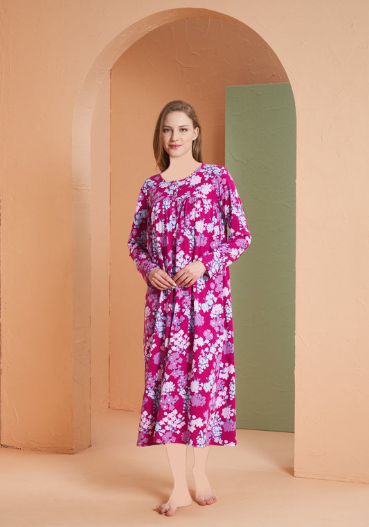 Cotton Plus Size Long Sleeve Floral Long Nighty