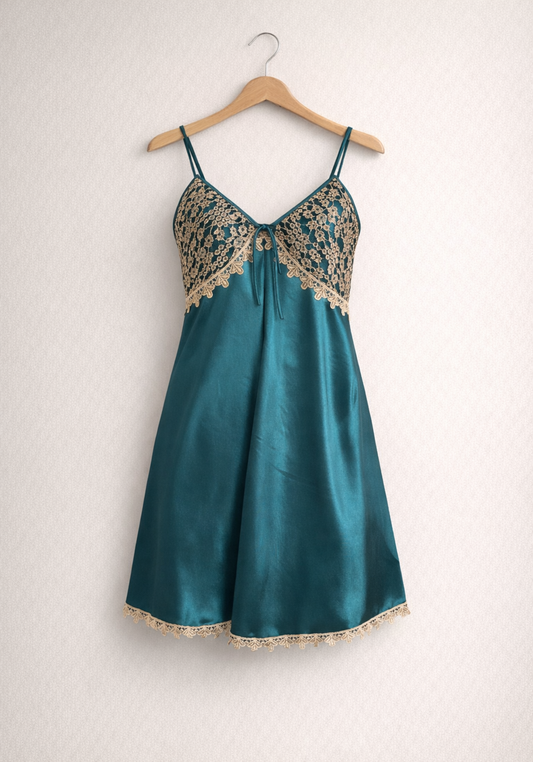 Satin Shoulder Strap Babydoll With Golden Dantel