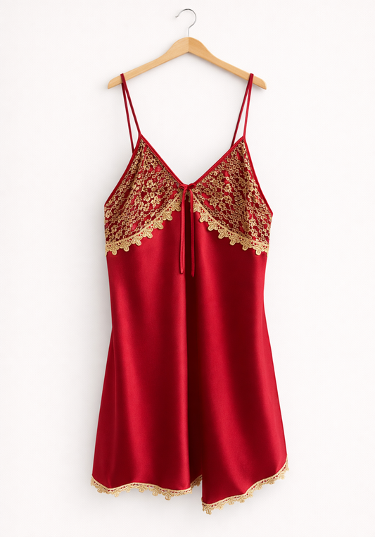 Satin Shoulder Strap Babydoll With Golden Dantel