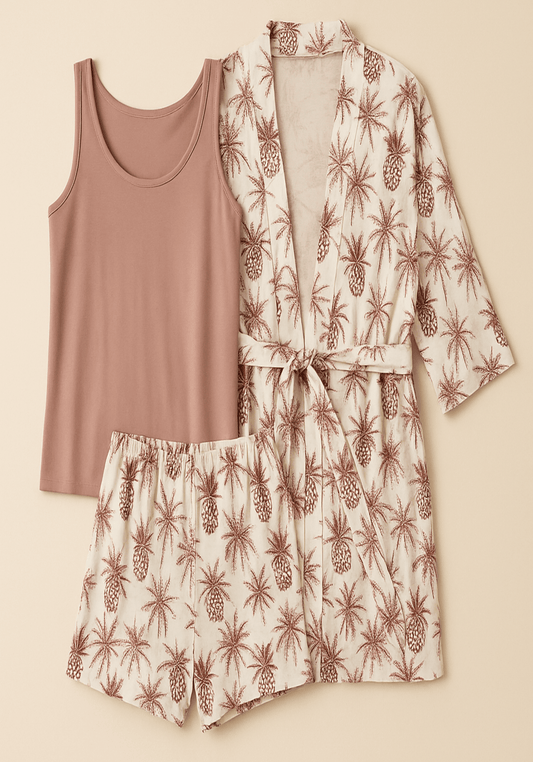 Plus Size 3 Pieces Short Set With Robe