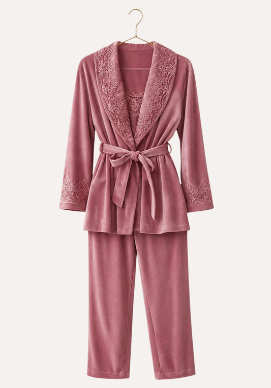 Velour 3 Pieces Set: Sleeveless Pajama And Short Robe