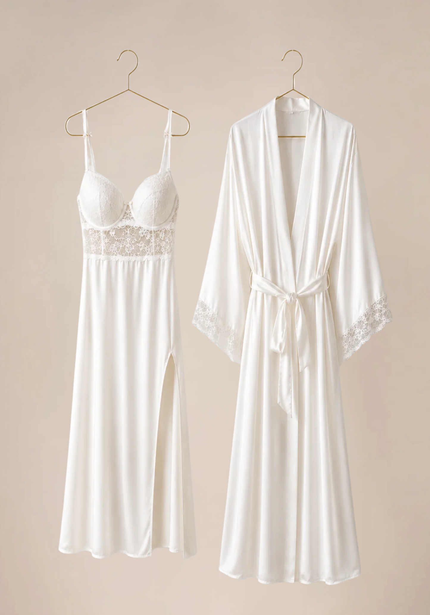 Bridal Long Robe Set: Shoulder Strap Padded Bra Long Gown And Long Robe With Lace Detail