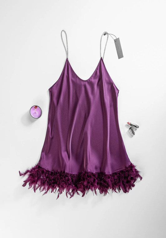 Lingerie Babydoll: Shoulder Stras Strap Satin Plain Babydoll With Furr Around The Bottom