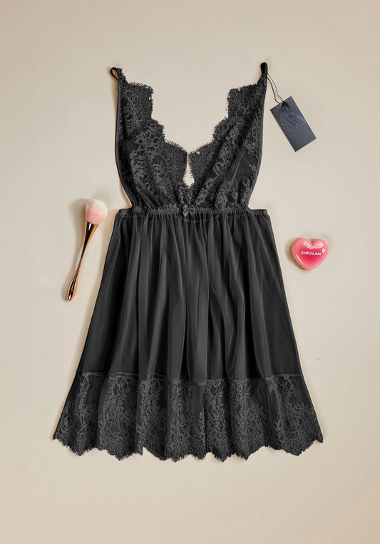 Babydoll: Lacae Top Open Back Lace Bottom Chiffon Babydoll