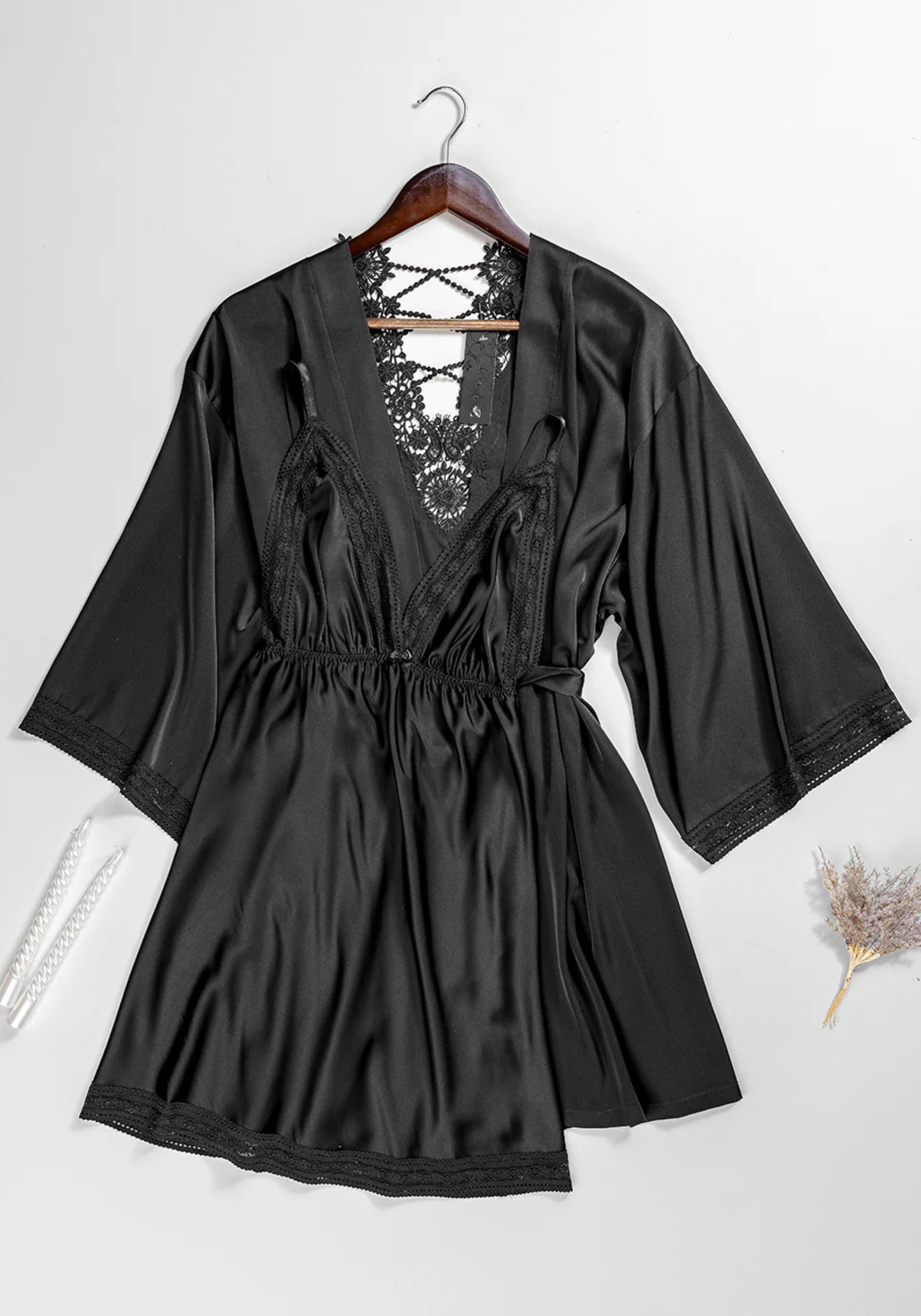 Lingerie Short Robe Set: Full Satin Babydoll And Full Satin Short Robe With Dantel At The Back