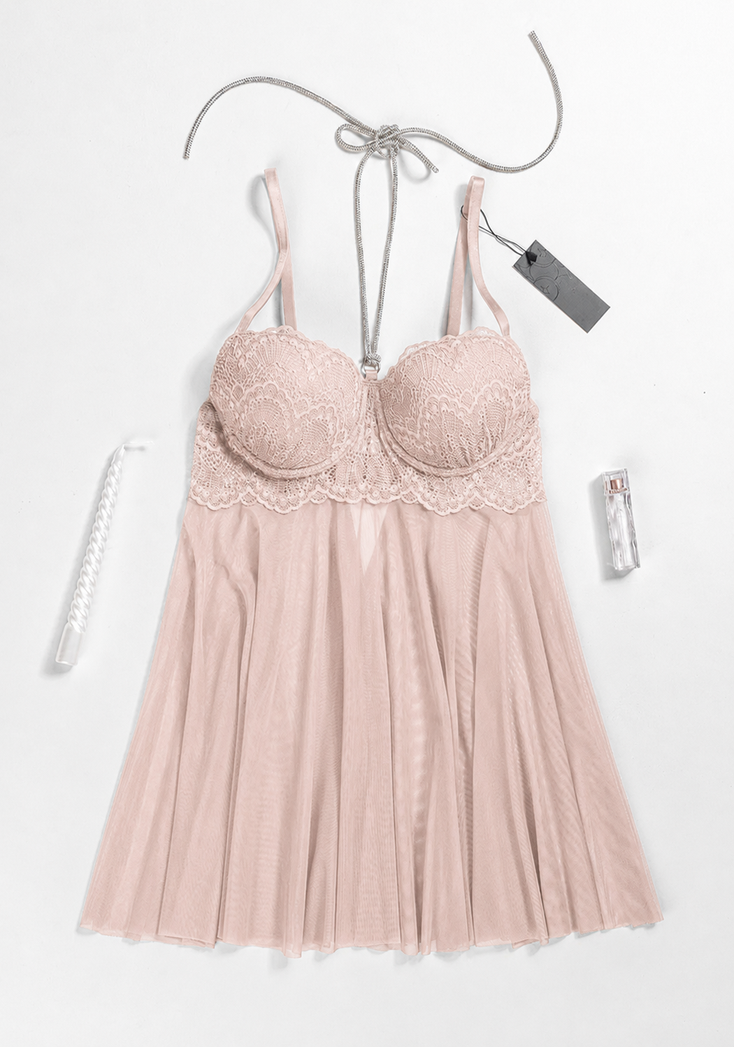 Lingerie Babydoll: Shoulder Strap Dantel Padded Bra With Stras Necklace Attached With Toulle Extension And Panty