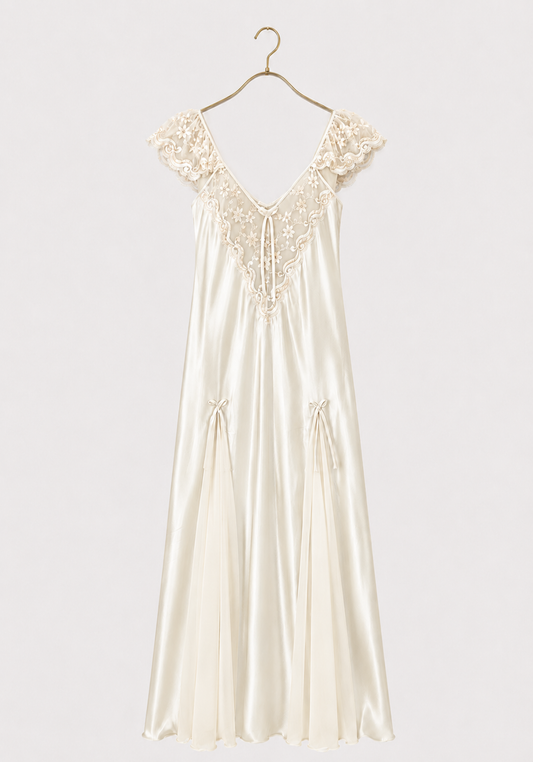 Long Night Gown: Shoulder Strap Satin Long Nighty With Toulle Detail