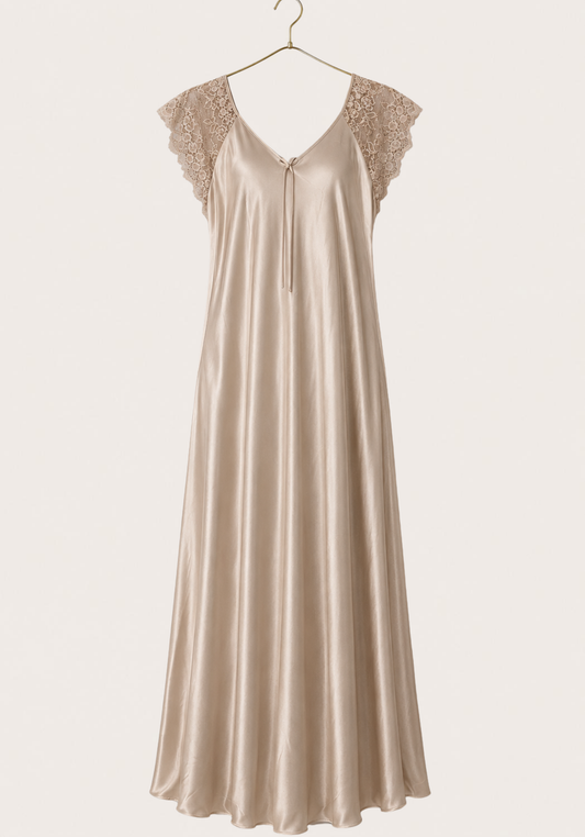 Mega Sleeve Satin Long Gown With Lace Detail And Satin Panty