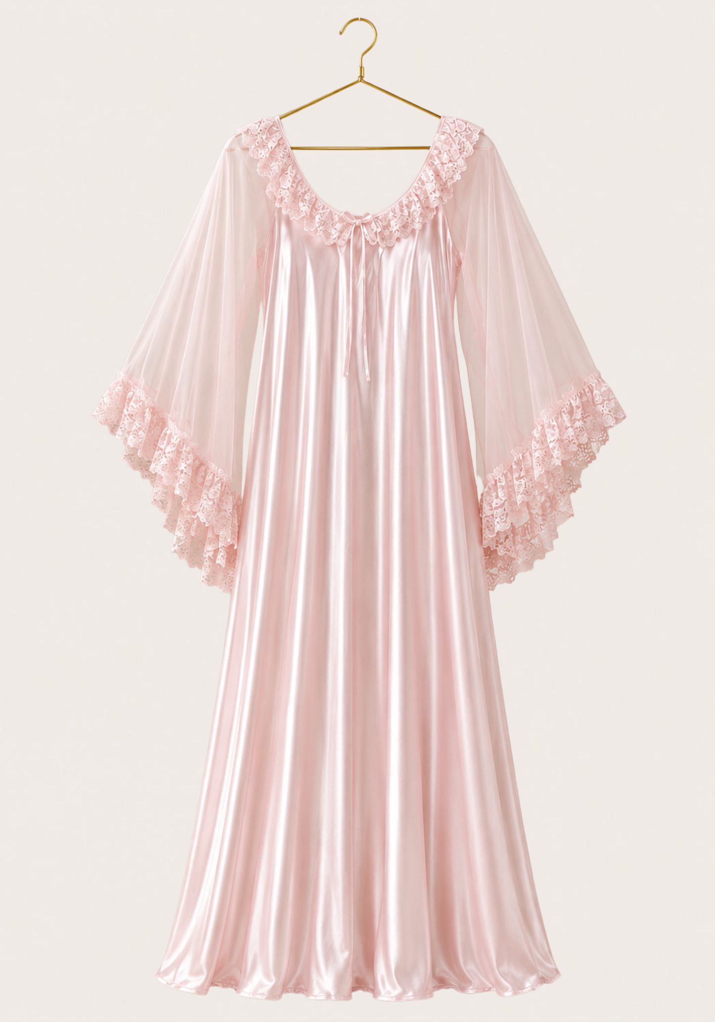 Long Chiffon Sleeve Long Satin Gown With Dantel Detail