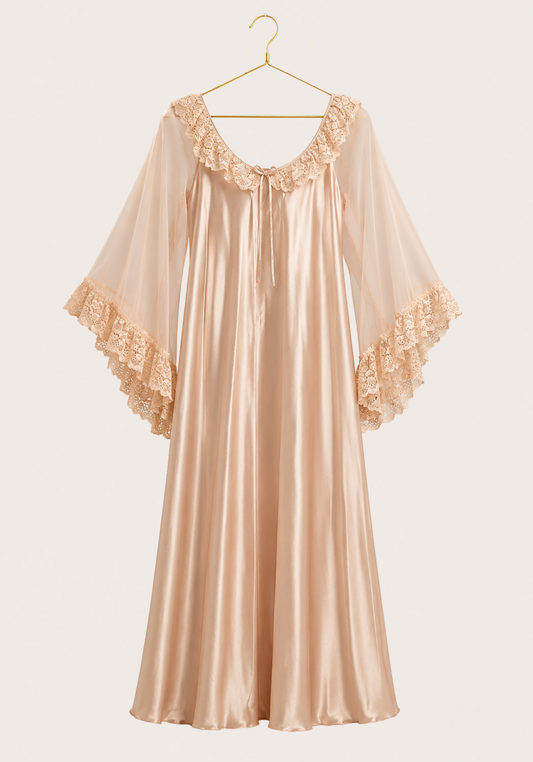 Long Chiffon Sleeve Long Satin Gown With Dantel Detail