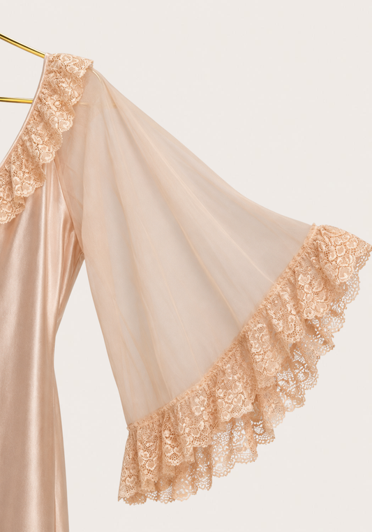 Long Chiffon Sleeve Long Satin Gown With Dantel Detail