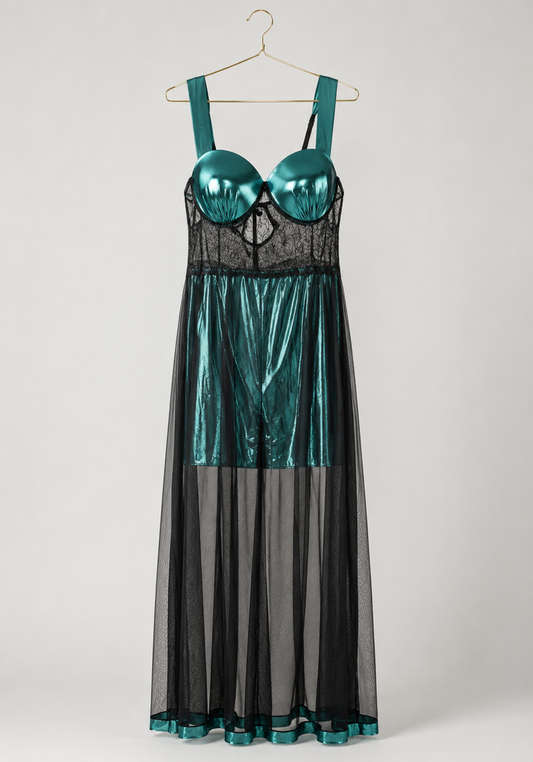 Long Gown: Disko Shoulder Band Padded Cup Dantel Underneath Disko Babydoll With Long Toulle Over It