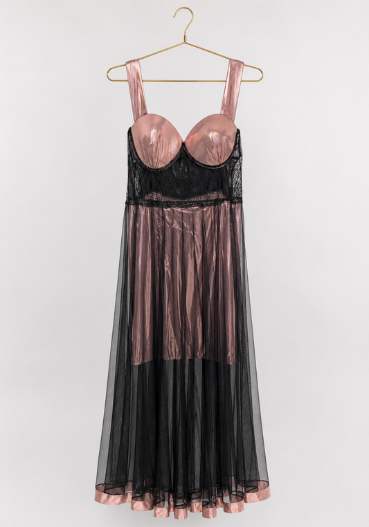 Long Gown: Disko Shoulder Band Padded Cup Dantel Underneath Disko Babydoll With Long Toulle Over It