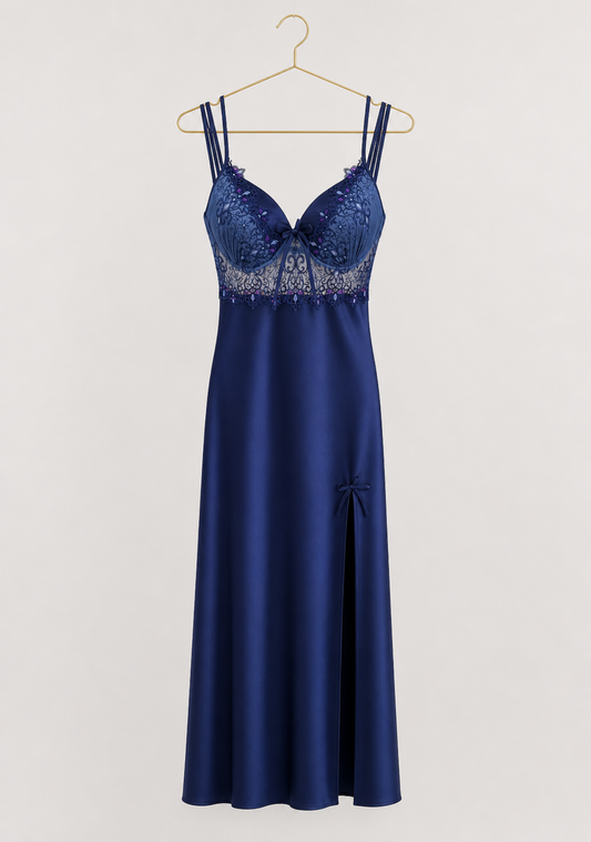 Satin Long Night Gown: Plain Shoulder Strap Lace Cups Long Nighty With Side Opening