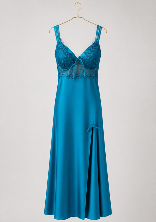 Satin Long Night Gown: Plain Shoulder Strap Lace Cups Long Nighty With Side Opening