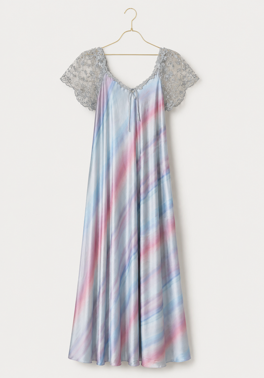 Long Gown: Lace Mega Sleeve With Shoulder Strap Printed Satin Long Nighty