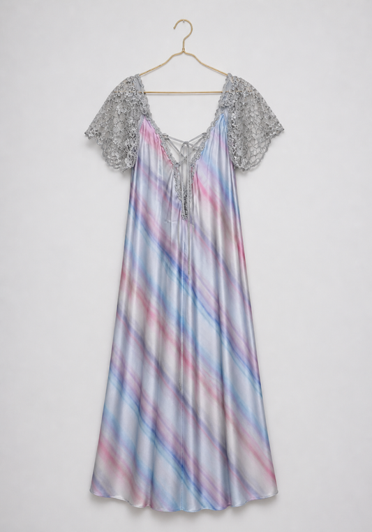 Long Gown: Lace Mega Sleeve With Shoulder Strap Printed Satin Long Nighty
