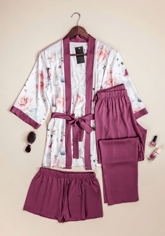 Satin 4 Pieces Set: Strap Top Plain Shorts And Pants And Floral Print Kimono