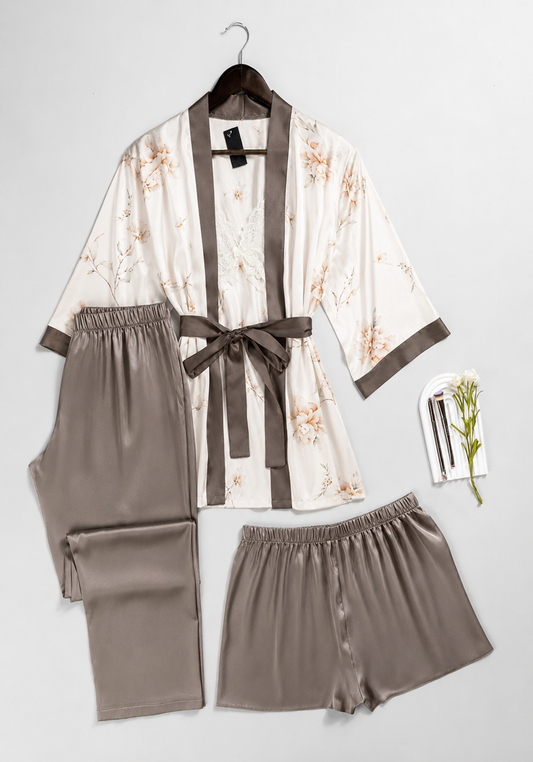 Lingerie 4 Pieces Set: Satin Print Strap Top With Lace And Plain Shorts And Pants And Floral Print Kimono