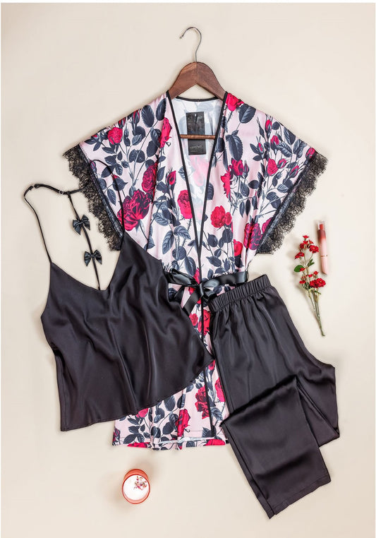 Satin 3 Piece Set: Strap Top Pant With Floral Print Kimono