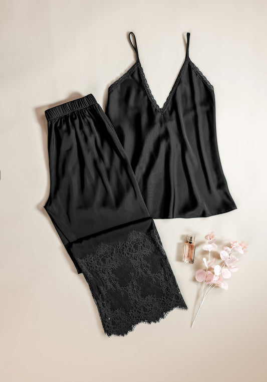 Satin Pajama: Shoulder Strap Top And Lace Detail Pant