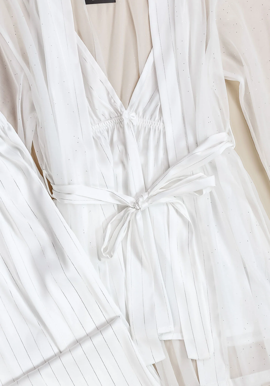 Bridal 3 Pieces Pajama: Satin Striped Strap Top And Pant And Schiffon Kimono