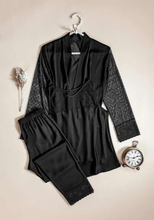 Satin 3 Pieces Set: Sleeveless Top And Plain Pant And Kimono All With Lace Detail