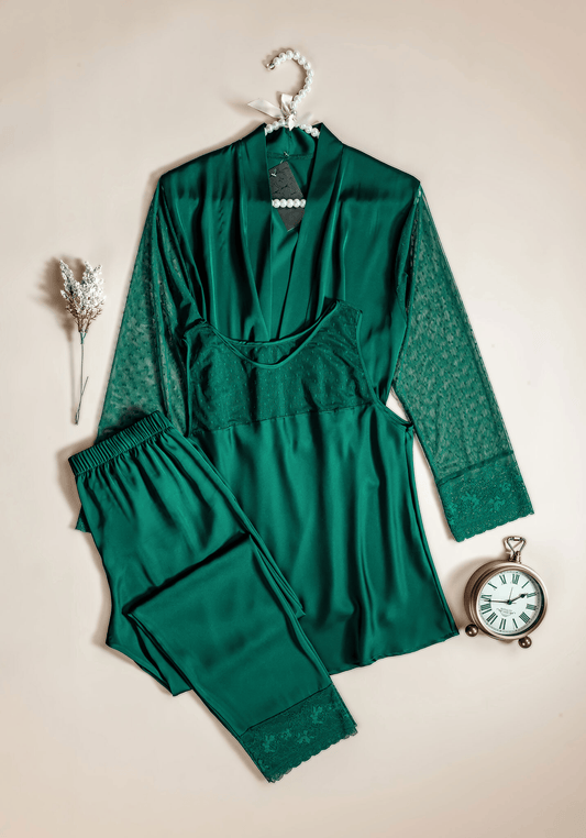 Satin 3 Pieces Set: Sleeveless Top And Plain Pant And Kimono All With Lace Detail